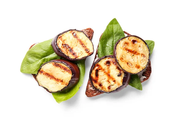 Toasts Delicious Grilled Eggplants White Background Top View — Stock Photo, Image