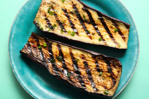 Plate Delicious Grilled Eggplants Turquoise Background Closeup — Stock Photo, Image