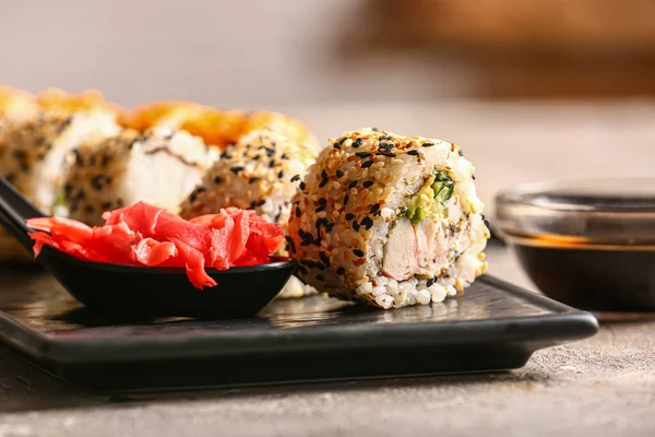 Plate Tasty Sushi Rolls Ginger Table Closeup — Stock Photo, Image