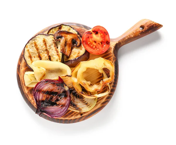 Wooden Board Different Tasty Grilled Vegetables White Background — Stock Photo, Image