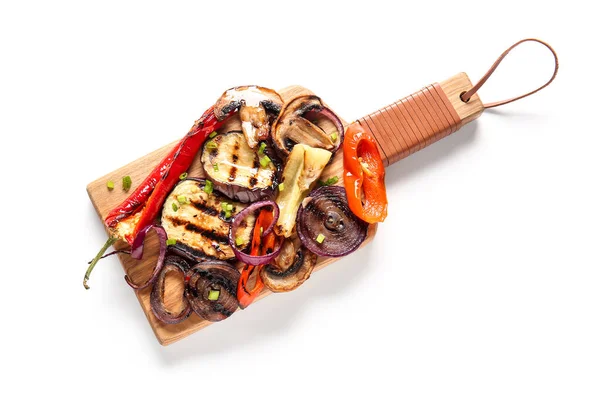 Wooden Board Different Tasty Grilled Vegetables White Background — Stock Photo, Image
