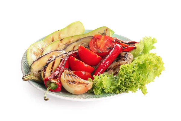 Plate Different Tasty Grilled Vegetables White Background — Stock Photo, Image