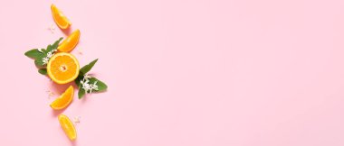 Portakallar ve çiçek açan dallar pembe arkaplanda metin için boşluk, üst görünüm