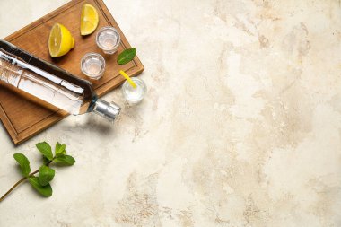 Hafif arka planda limonlu bir şişe ve bir bardak votka.