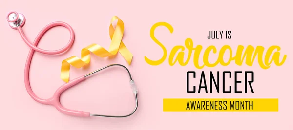 Stethoscoop Geel Lint Tekst Juli Sarcoma Cancer Awareness Month Roze — Stockfoto