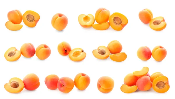 Collage Ripe Apricots Isolated White — Stock Photo, Image