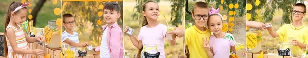 Parkta Limonata Satan Çocuklarla Kolaj — Stok fotoğraf