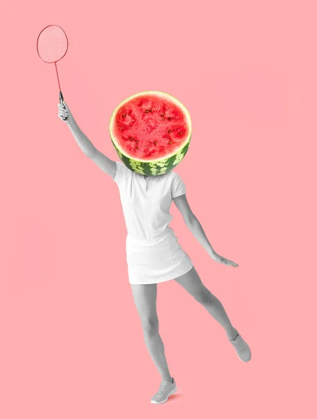 Running Female Badminton Player Juicy Watermelon Instead Her Head Pink — Stock Photo, Image
