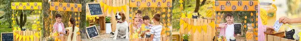 Kollázs Gyerekekkel Limonádét Árul Parkban — Stock Fotó