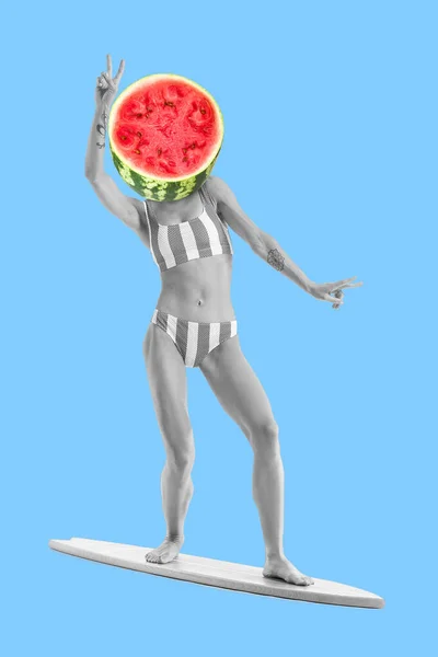 Young Female Surfer Juicy Watermelon Instead Her Head Light Blue — Stock Photo, Image