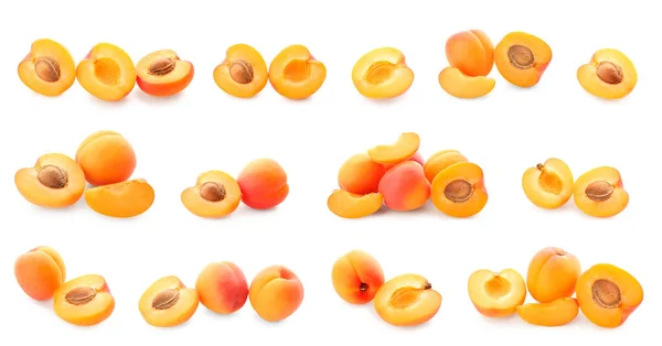 Collage Ripe Apricots Isolated White — Stock Photo, Image