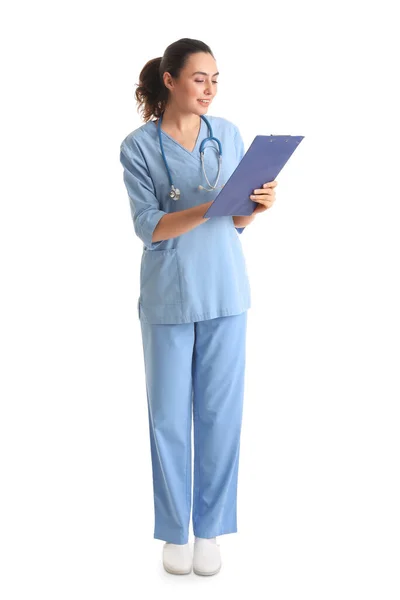 Female Medical Assistant Clipboard White Background — 图库照片