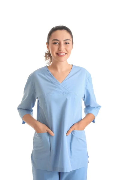 Vrouwelijke Medische Assistent Witte Achtergrond — Stockfoto