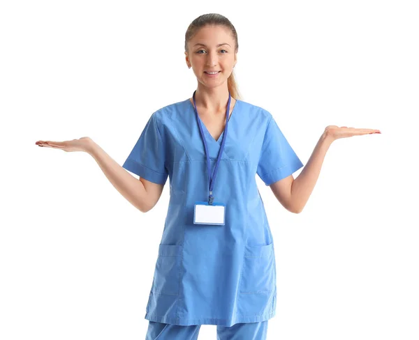 Female Medical Intern Badge Showing Something White Background — Stock Photo, Image