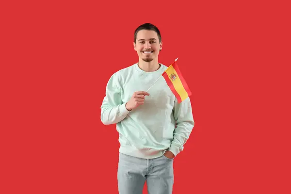 Handsome Young Man Flag Spain Red Background — Stock Photo, Image