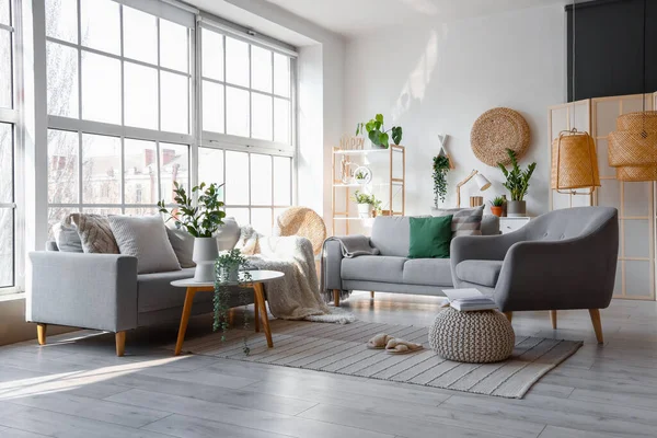 Interior Bright Living Room Cozy Sofas Armchair Big Window — Stock Photo, Image