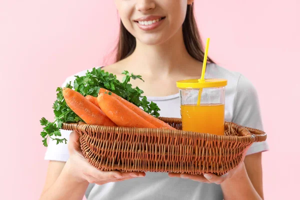 Young Woman Glass Vegetable Juice Carrots Pink Background Closeup — Stock Photo, Image