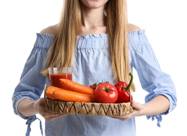 Young Woman Glass Juice Vegetables White Background Closeup — Stock Photo, Image