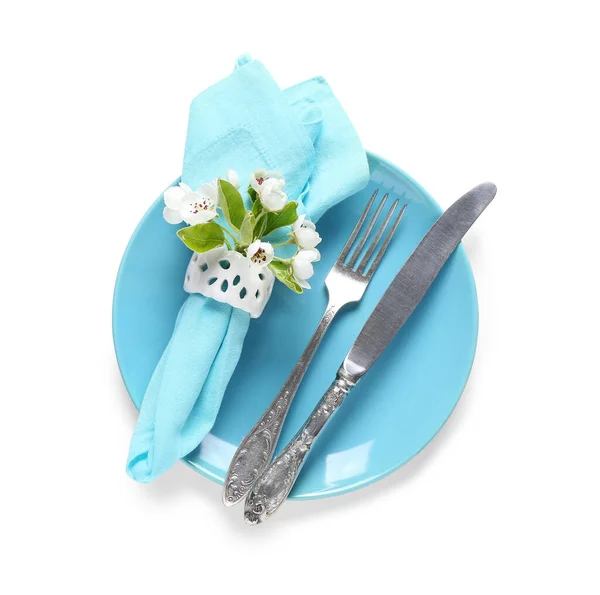 Beautiful Table Setting Blooming Tree Branch Folded Napkin Isolated White — Stock Photo, Image