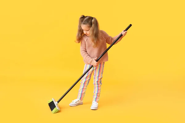 Cute Little Girl Broom Yellow Background — Stock Photo, Image