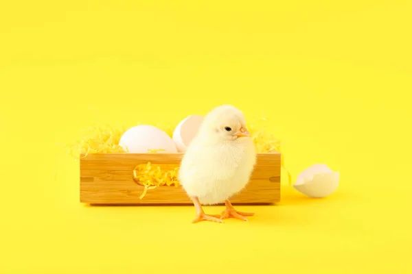 Wooden Box Cute Little Chick Eggs Yellow Background — Stock Photo, Image