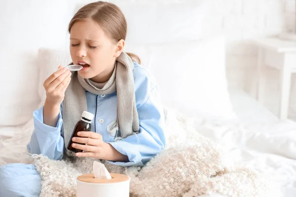 Ill Little Girl Taking Cough Syrup Bedroom — Stock Photo, Image