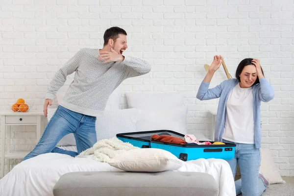 Angry Husband Fighting His Wife Bedroom Domestic Violence Concept — Stock Photo, Image