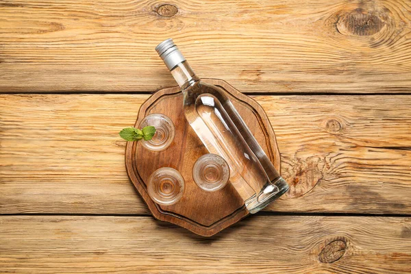 Bottle Glasses Vodka Wooden Background — Stock Photo, Image