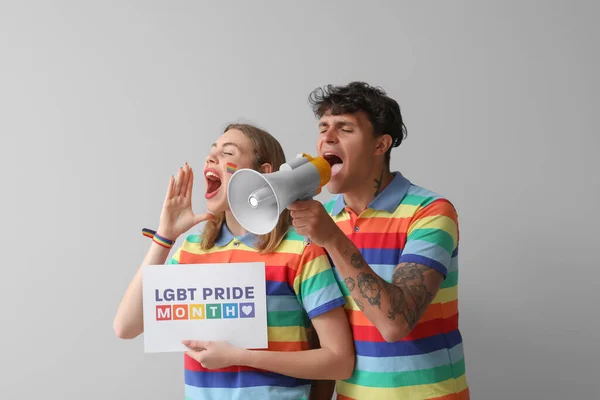 Young Couple Holding Paper Text Lgbt Pride Month Megaphone Light — Stock Photo, Image
