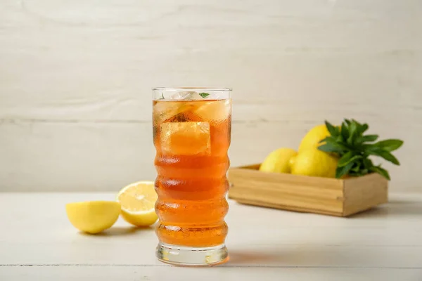 Glass Ice Tea Box Lemons White Wooden Background — Stock Photo, Image