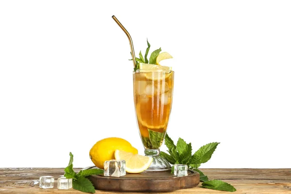 Glass Ice Tea Lemon Mint Wooden Table White Background — Stock Photo, Image