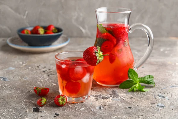 Glass Jug Infused Water Strawberry Grey Background — Stock Photo, Image