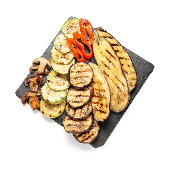 stock image Slate board with different tasty grilled vegetables on white background