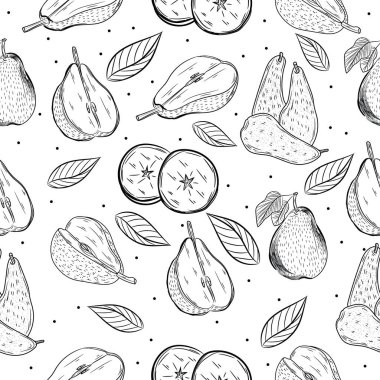 Beyaz arka planda bir sürü olgun armut var. Tasarım için desen