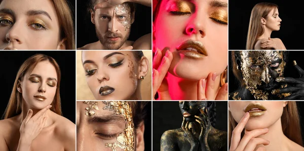 Collage Attractive Women Man Golden Body Art Makeup — Stock Photo, Image