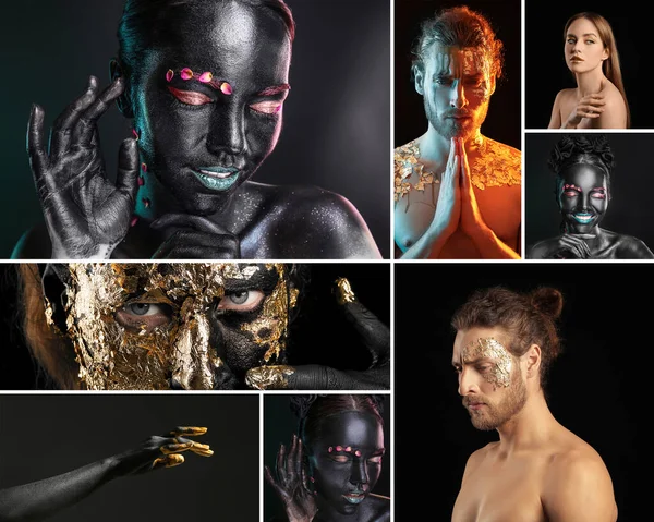 Collage Attractive Women Man Creative Body Art Makeup Black Background — Stock Photo, Image