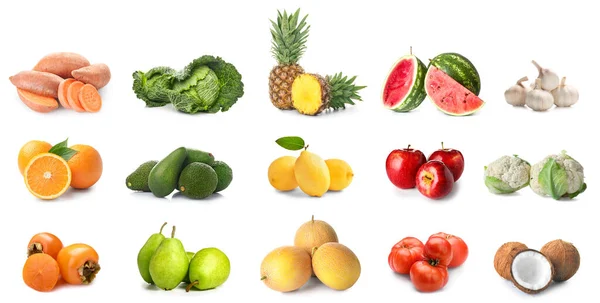 Colagem Vegetais Frescos Frutas Isoladas Branco — Fotografia de Stock