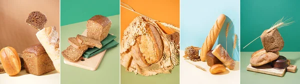 stock image Collage of fresh bread on color background