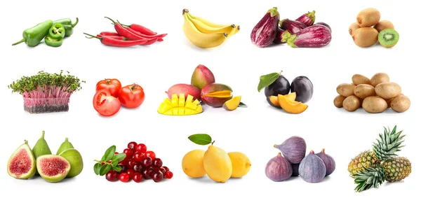 Kollage Färska Grönsaker Och Frukter Isolerade Vitt — Stockfoto