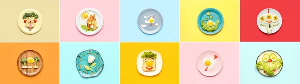Коллаж Смешных Блюд Детей Цветном Фоне Вид Сверху — стоковое фото