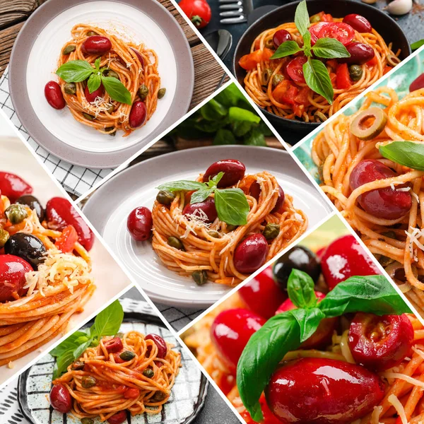 Collage Con Deliziosa Pasta Puttanesca — Foto Stock