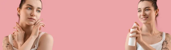 Молода Жінка Косметикою Рожевому Тлі Банер Дизайну — стокове фото