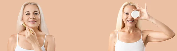 Mulher Loira Madura Com Creme Cosmético Escova Maquiagem Fundo Bege — Fotografia de Stock