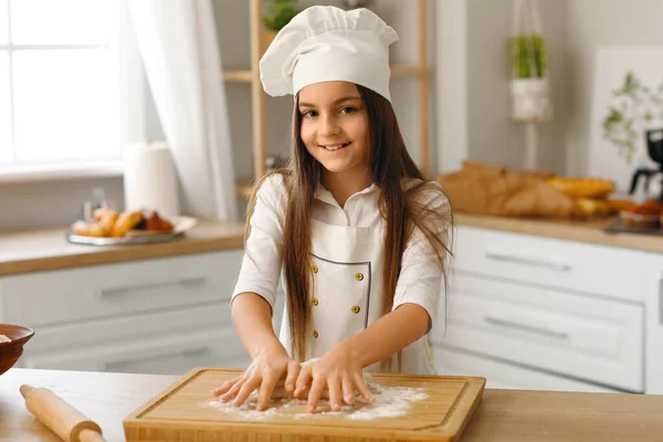 Little Baker Making Dough Kitchen — Stock Photo, Image