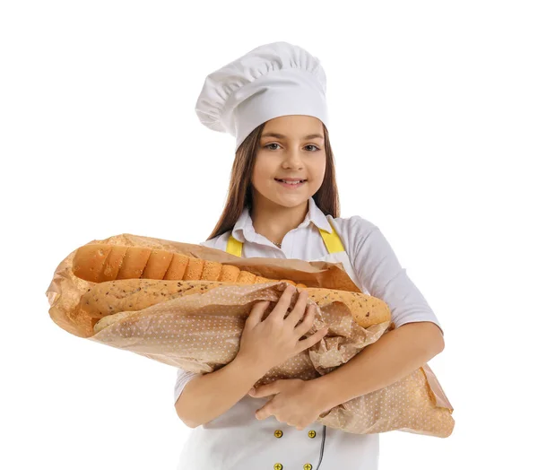 Beyaz Arka Planda Taze Baget Ekmeği Olan Küçük Fırıncı — Stok fotoğraf