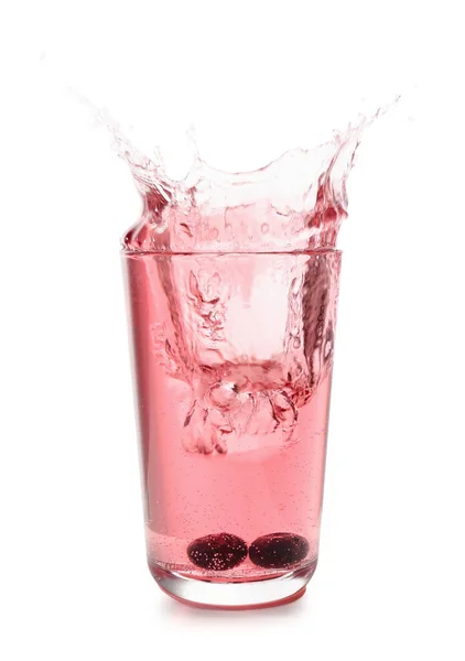Glass Tasty Blueberry Cider Splashes Ice Cube Berries Isolated White — Stock Photo, Image
