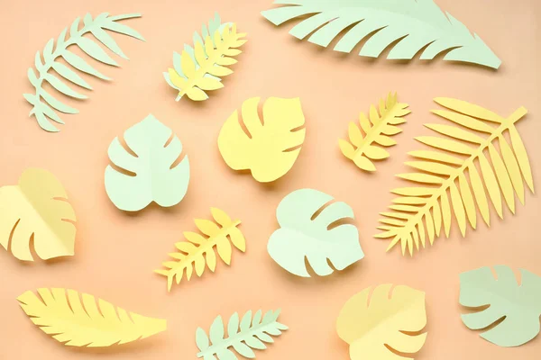 Paper Tropical Leaves Orange Background — Stock Photo, Image