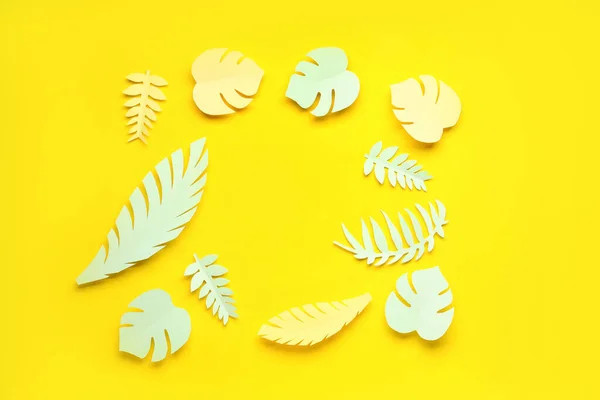 Frame Made Paper Tropical Leaves Yellow Background — Stock Photo, Image