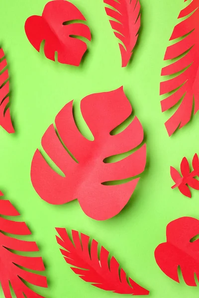 Red Paper Tropical Leaves Green Background — Stock Photo, Image