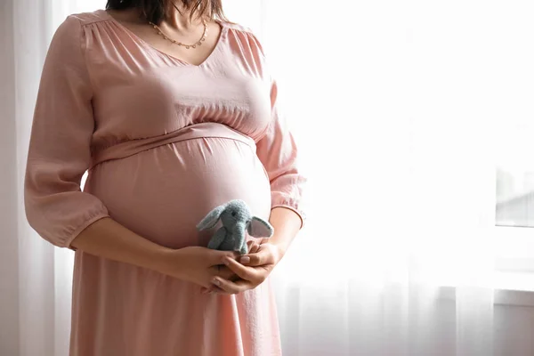 Ung Gravid Kvinna Med Leksak Elefant Nära Fönster Hemma Närbild — Stockfoto